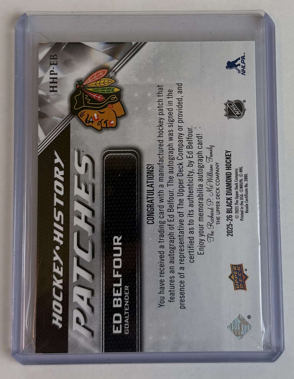 Ed Belfour Hockey History Patches Auto — back