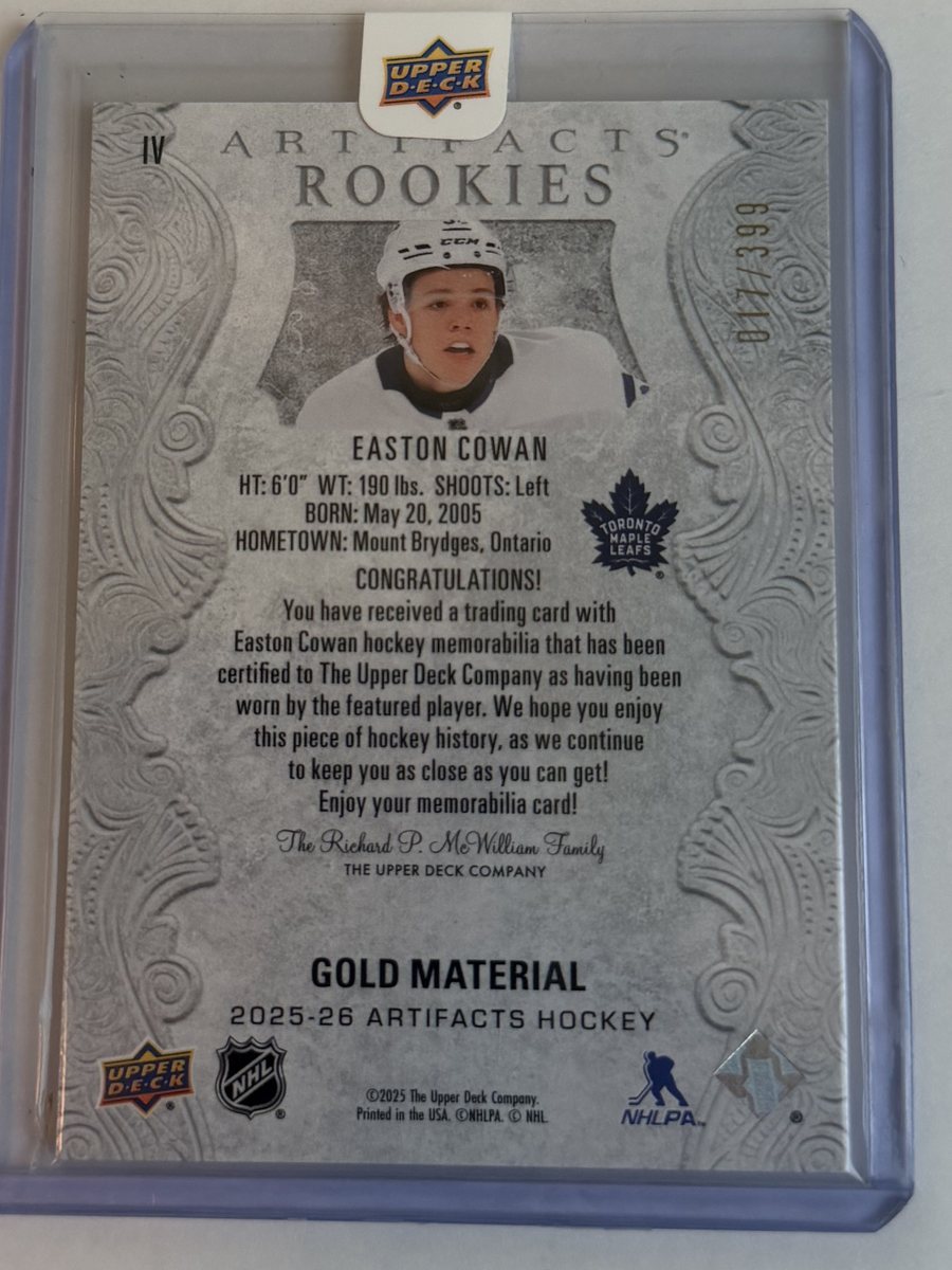 Easton Cowan Artifacts Rookies — back