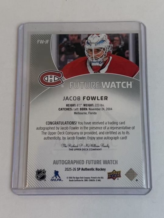 Jacob Fowler Autographed Future Watch — back