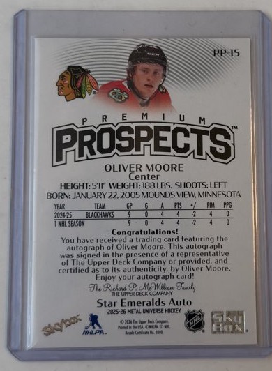 Oliver Moore Premier Prospects Star Emeralds Auto — back