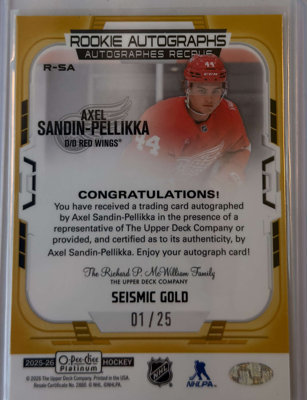 Axel Sandin-Pellikka Rookie Autographs Seismic Gold — back