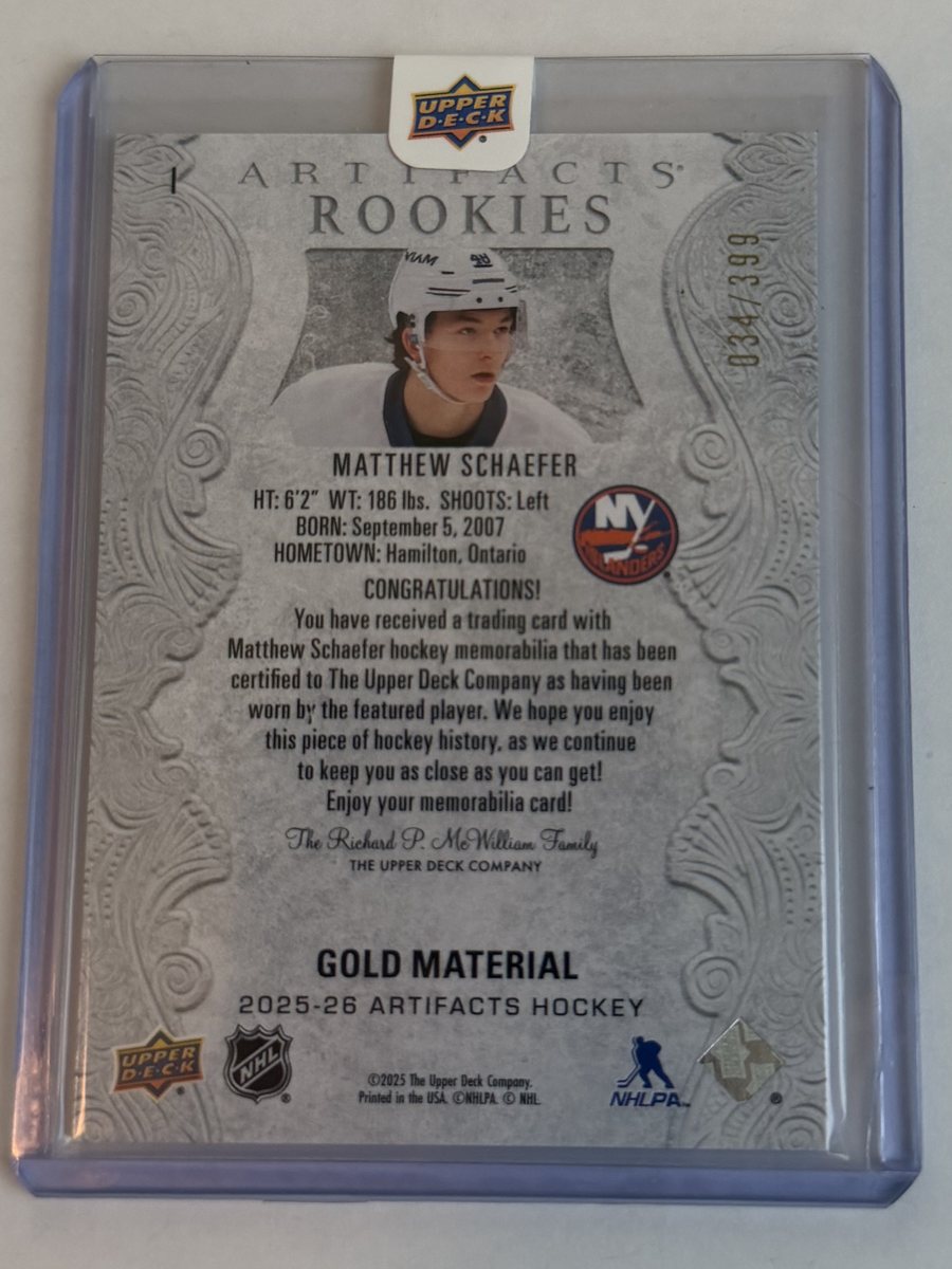 Matthew Schaefer Artifacts Rookies — back