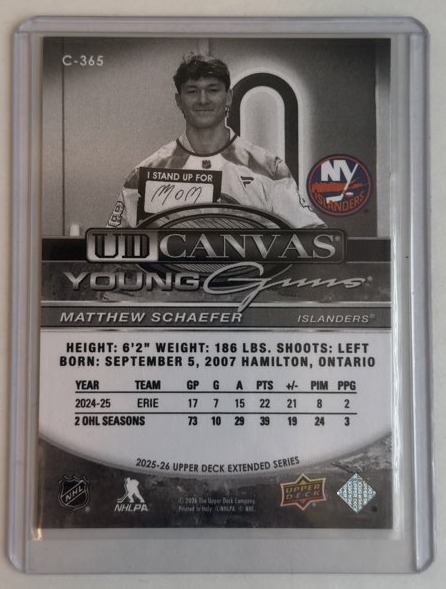 Matthew Schaefer UD Canvas Young Guns Black & White — back